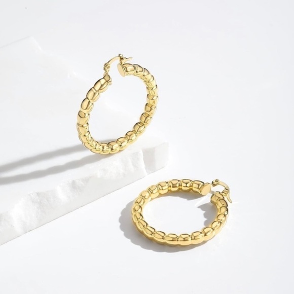 Gold 14k Gold Plated Beaded Huggie Hoop Earrings - Picture 1 of 4